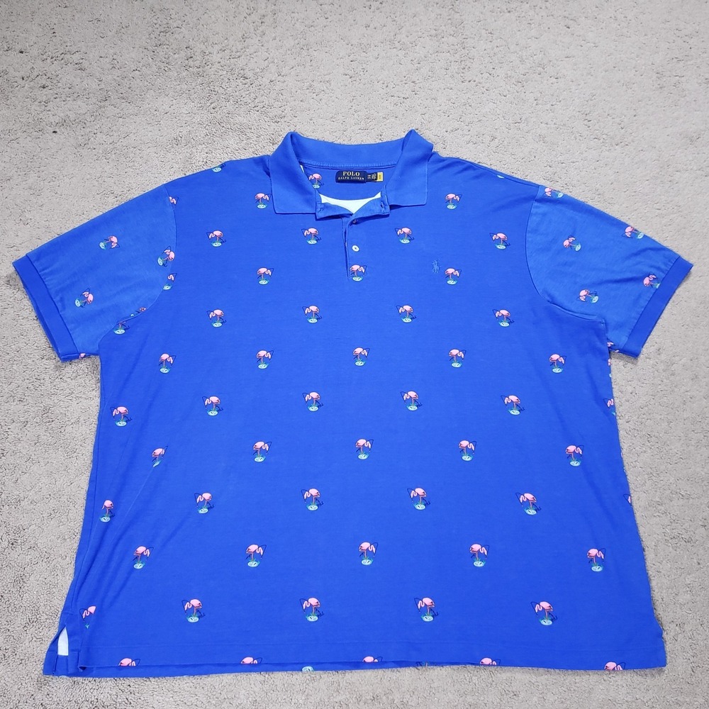 Polo Ralph Lauren Flamingo Polo Shirt Mens 4XB Blue Classic Fit All-over Print